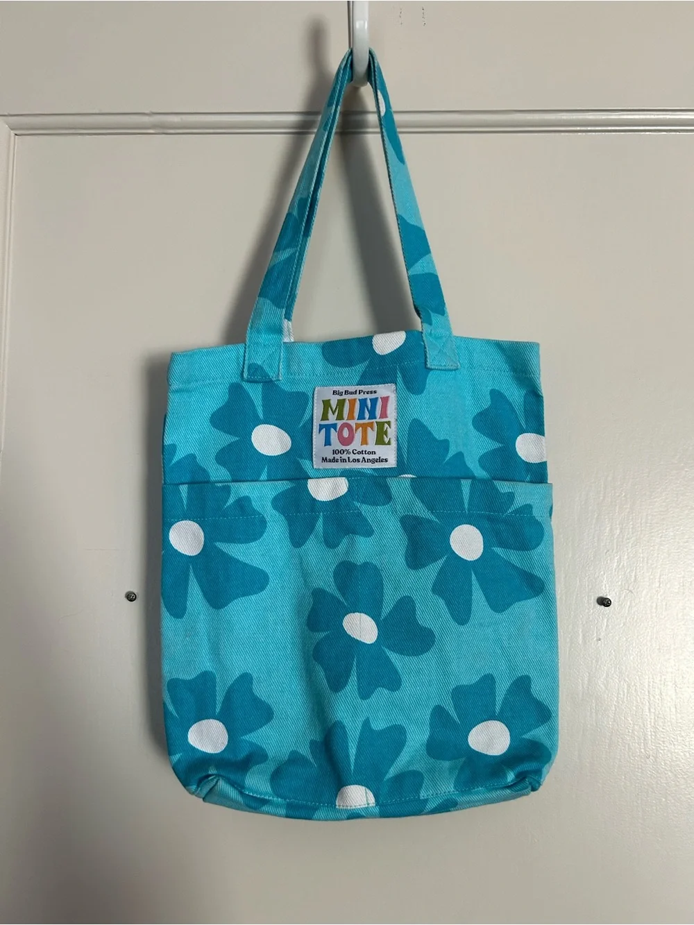 Big Bud Press Mini Tote, Turquoise With Flowers. - Picture 1 of 10
